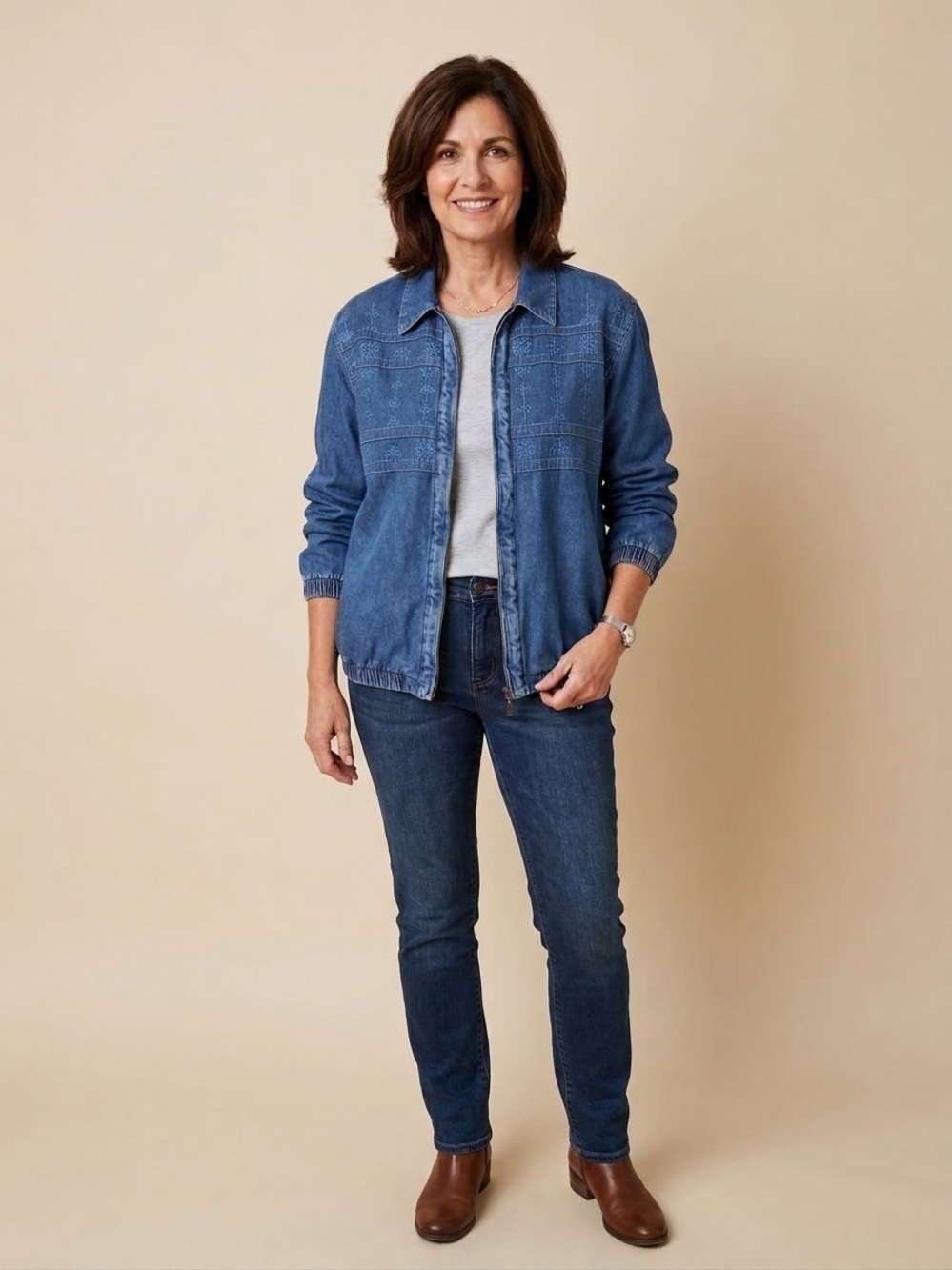 Vintage Alfred Dunner Embroidered Full Zip Denim Lightweight bomber jacket
